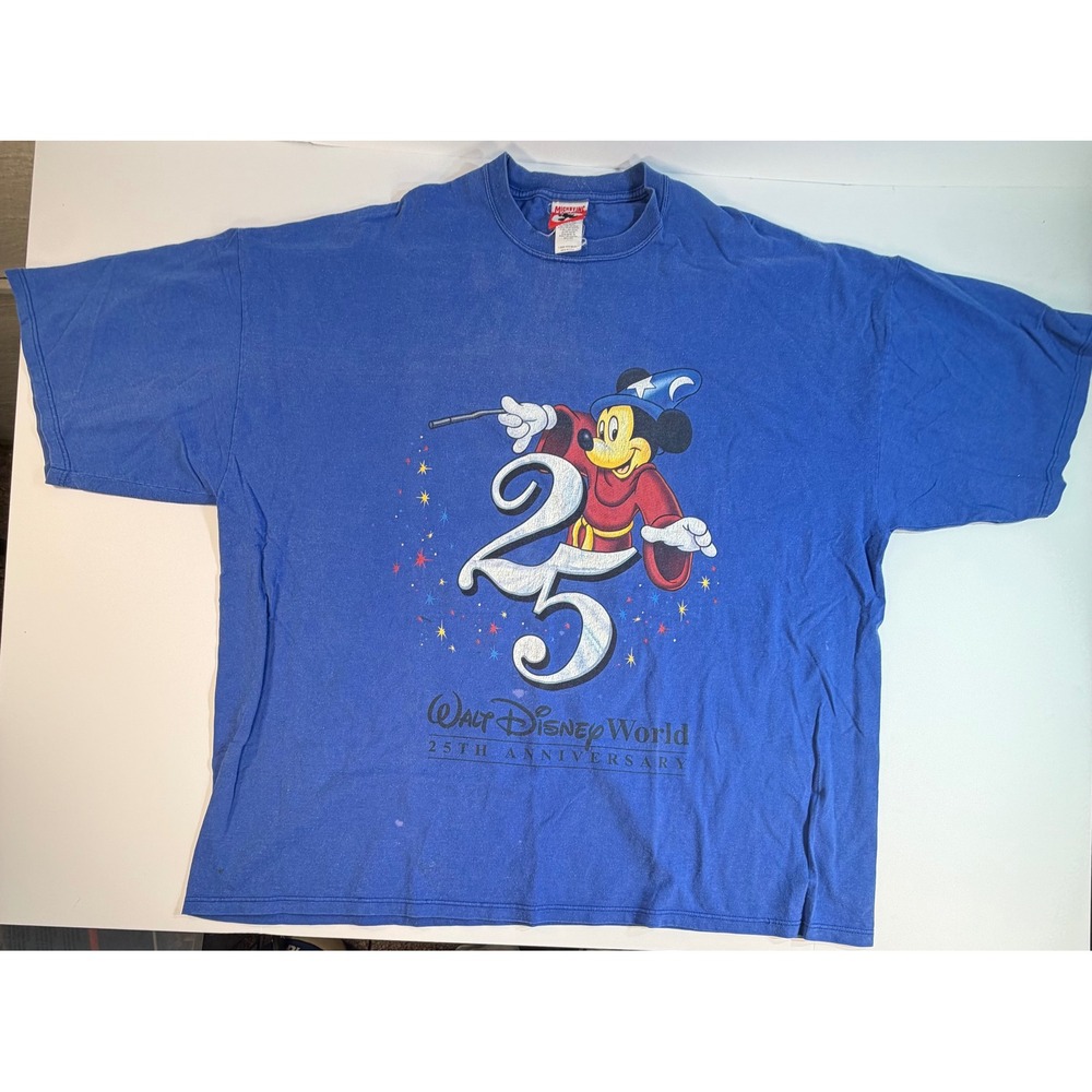 Vintage Walt Disney World 25th Anniversary Sorcerer Mickey T-Shirt Blue XL OSFM